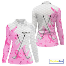 Load image into Gallery viewer, Pink ribbon breast cancer pattern custom name white Women golf polo shirts, team golf tops for ladies NQS10421