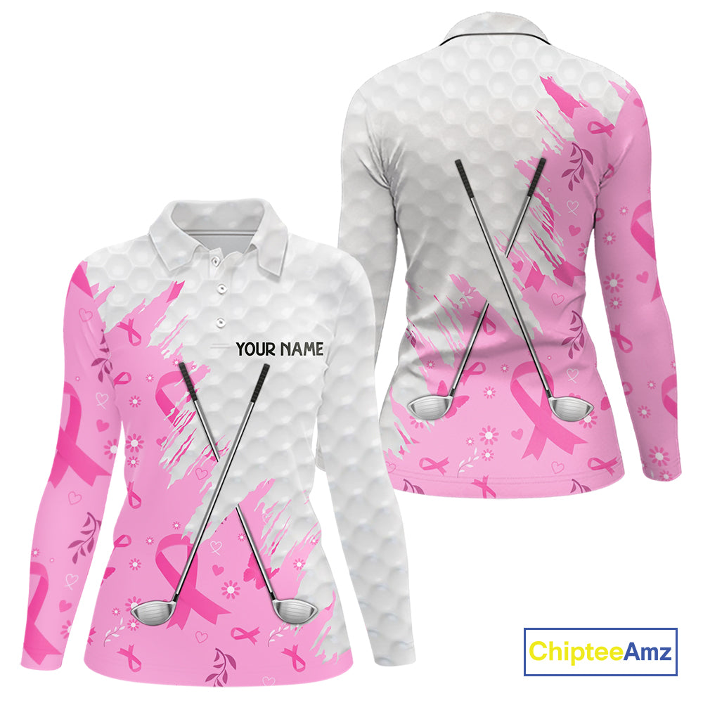 Pink ribbon breast cancer pattern custom name white Women golf polo shirts, team golf tops for ladies NQS10421