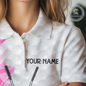 Pink ribbon breast cancer pattern custom name white Women golf polo shirts, team golf tops for ladies NQS10421