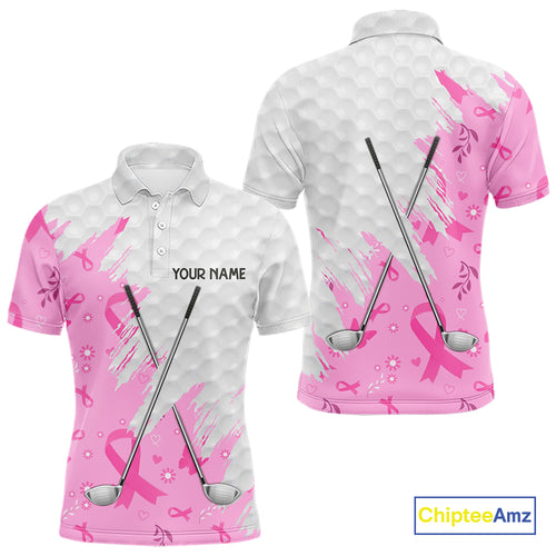 Pink ribbon breast cancer pattern custom name white Mens golf polo shirts, team golf tops for men NQS10421