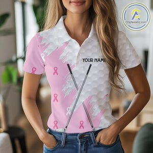 Light Pink ribbon breast cancer pattern custom white Women golf polo shirt, team ladies golf top NQS10422