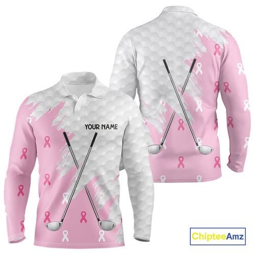 Light Pink ribbon breast cancer pattern custom white Mens golf polo shirts, team golf clubs mens tops NQS10422