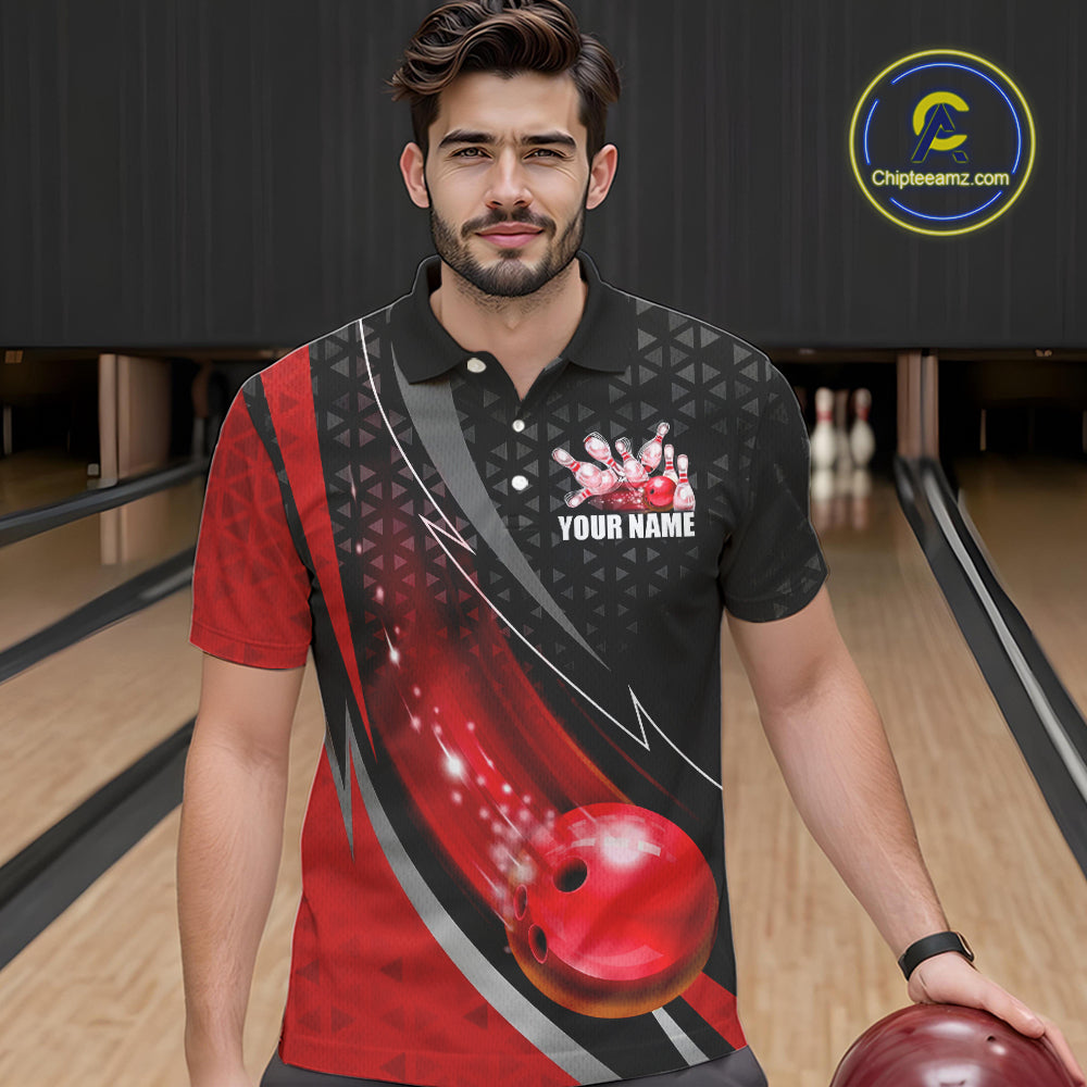 Black and Red Bowling Camo Polo, 1/4 Zip Shirt for Men Custom Team Bowling jerseys, Bowler Outfit NQS10424
