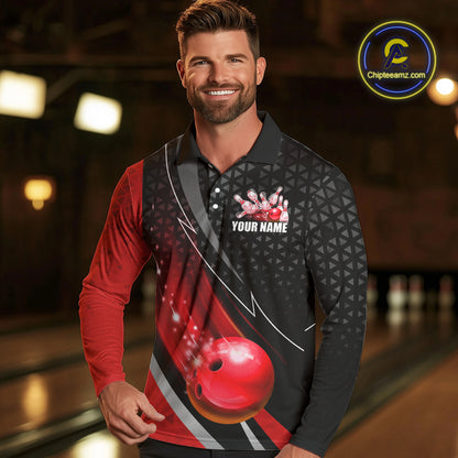 Black and Red Bowling Camo Polo, 1/4 Zip Shirt for Men Custom Team Bowling jerseys, Bowler Outfit NQS10424