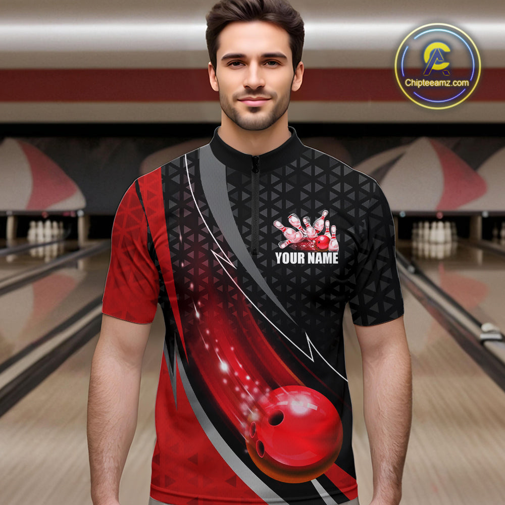 Black and Red Bowling Camo Polo, 1/4 Zip Shirt for Men Custom Team Bowling jerseys, Bowler Outfit NQS10424