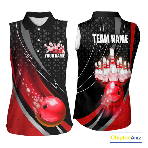 Black and Red Bowling Camo Sleeveless polo Shirt Custom Team Bowling jerseys, Bowler Outfit NQS10424