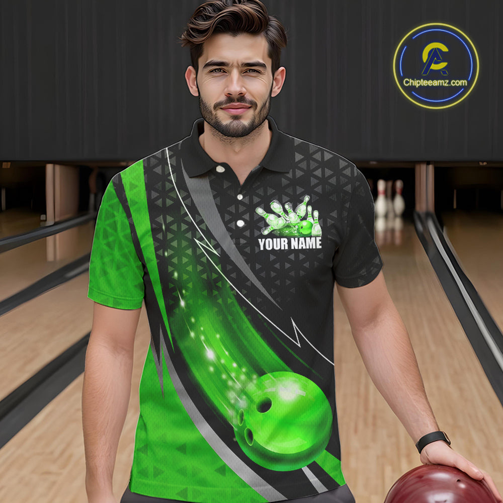 Black and Green Bowling Camo Polo, 1/4 Zip Shirt for Men Custom Team Bowling jerseys, Bowler Outfit NQS10425