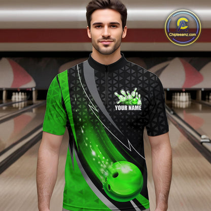 Black and Green Bowling Camo Polo, 1/4 Zip Shirt for Men Custom Team Bowling jerseys, Bowler Outfit NQS10425
