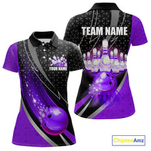 Load image into Gallery viewer, Black and Purple Bowling Camo Polo, 1/4 Zip Shirt for Women Custom Team Bowling jersey, Bowler Outfit NQS10426
