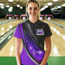 Load image into Gallery viewer, Black and Purple Bowling Camo Polo, 1/4 Zip Shirt for Women Custom Team Bowling jersey, Bowler Outfit NQS10426