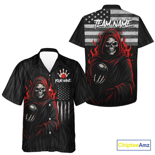Black & White Camo American Flag Red Flame Skull Reaper Custom Patriotic Team Bowling Hawaiian Shirt NQS10852