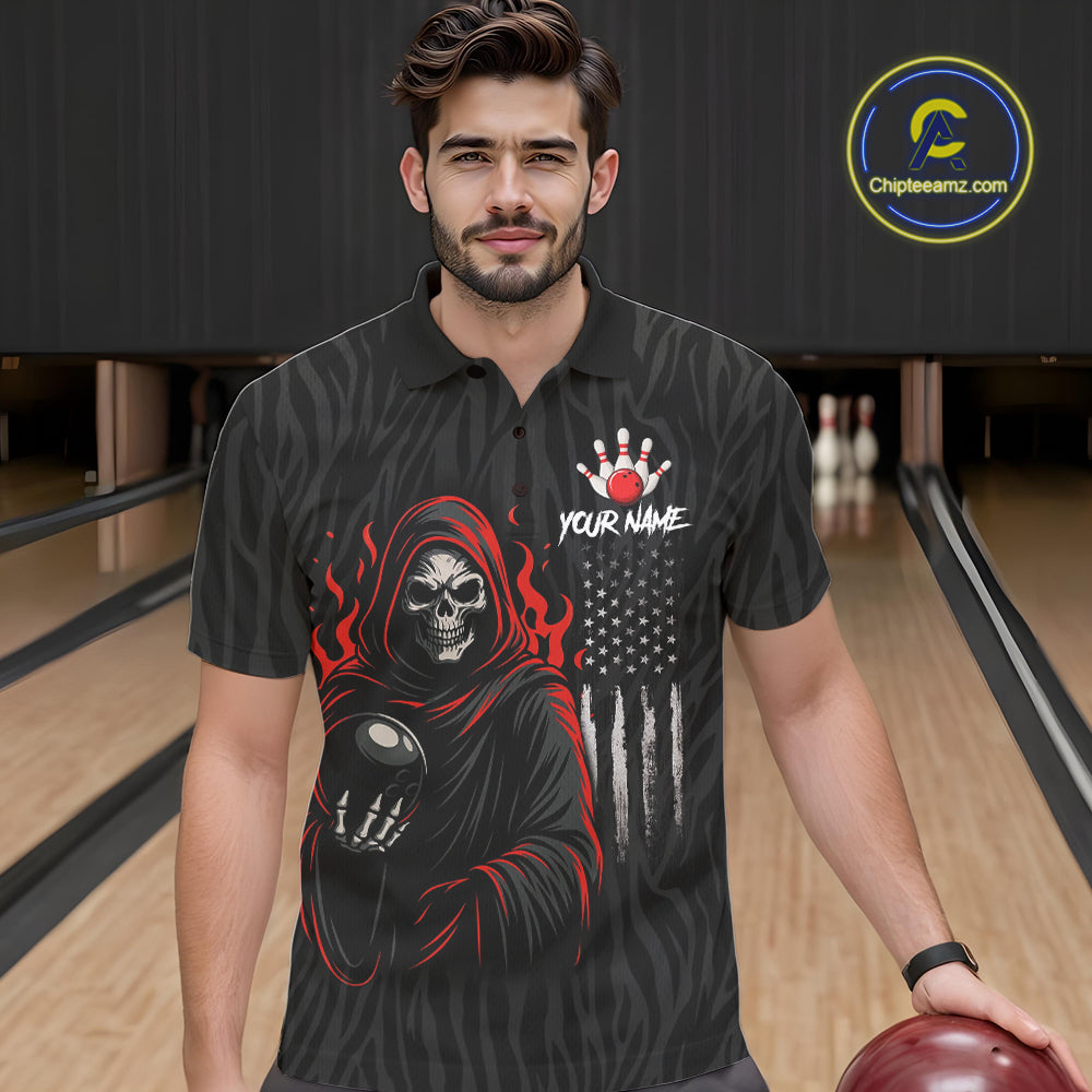 Black & White Camo American Flag Red Flame Skull Reaper Mens Bowling Shirt Custom Team Bowling Jersey NQS10852