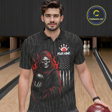 Load image into Gallery viewer, Black &amp; White Camo American Flag Red Flame Skull Reaper Mens Bowling Shirt Custom Team Bowling Jersey NQS10852