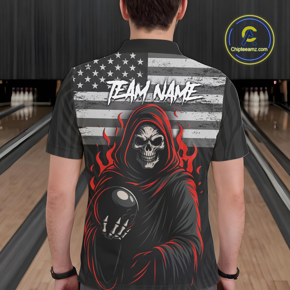 Black & White Camo American Flag Red Flame Skull Reaper Mens Bowling Shirt Custom Team Bowling Jersey NQS10852