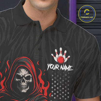 Black & White Camo American Flag Red Flame Skull Reaper Mens Bowling Shirt Custom Team Bowling Jersey NQS10852