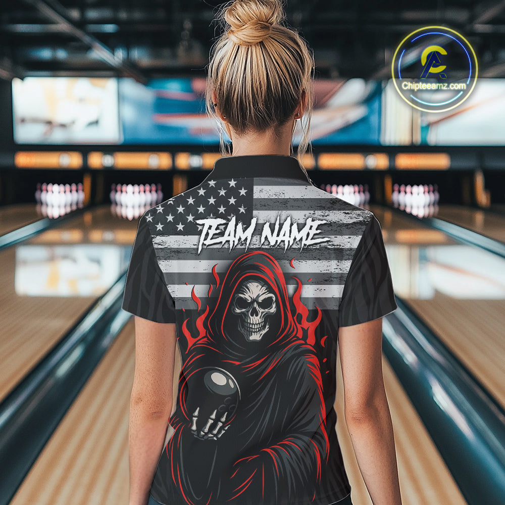 Black & White Camo American Flag Red Flame Skull Reaper Women Bowling Shirt Custom Team Bowling Shirt NQS10852