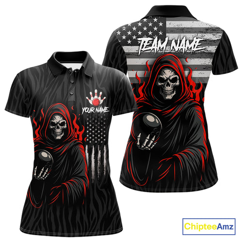 Black & White Camo American Flag Red Flame Skull Reaper Women Bowling Shirt Custom Team Bowling Shirt NQS10852