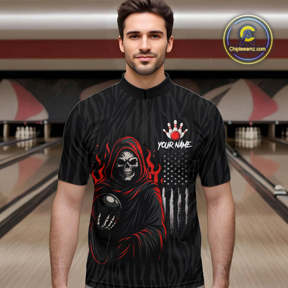 Black & White Camo American Flag Red Flame Skull Reaper Mens Bowling Shirt Custom Team Bowling Jersey NQS10852