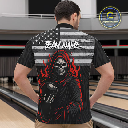 Black & White Camo American Flag Red Flame Skull Reaper Mens Bowling Shirt Custom Team Bowling Jersey NQS10852