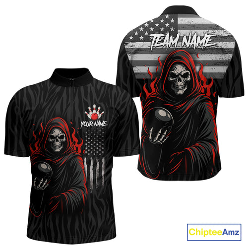 Black & White Camo American Flag Red Flame Skull Reaper Mens Bowling Shirt Custom Team Bowling Jersey NQS10852