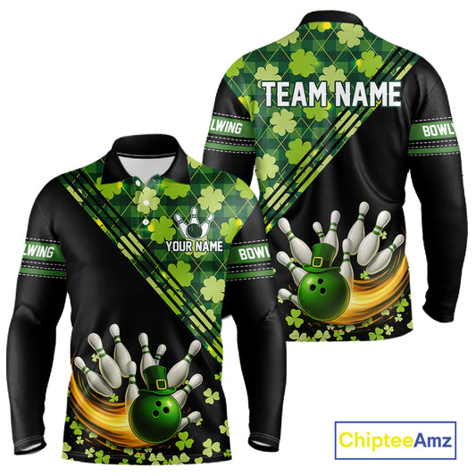Black and Green shamrock argyle pattern Bowling Shirts For Men Custom St Patrick Team Bowling Jerseys NQS11237