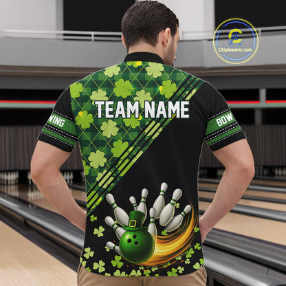 Black and Green shamrock argyle pattern Bowling Shirts For Men Custom St Patrick Team Bowling Jerseys NQS11237
