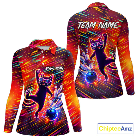 Funny Colorful Neon Cat Bowling Polo shirt, 1/4 zip shirts for Women custom Bowling Team League Shirt NQS11429