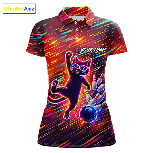 Funny Colorful Neon Cat Bowling Polo shirt, 1/4 zip shirts for Women custom Bowling Team League Shirt NQS11429