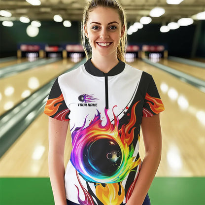 Colorful Flame Bowling Polo, Quarter Zip Shirts for Women Custom Fire Team Bowling jerseys NQS9675
