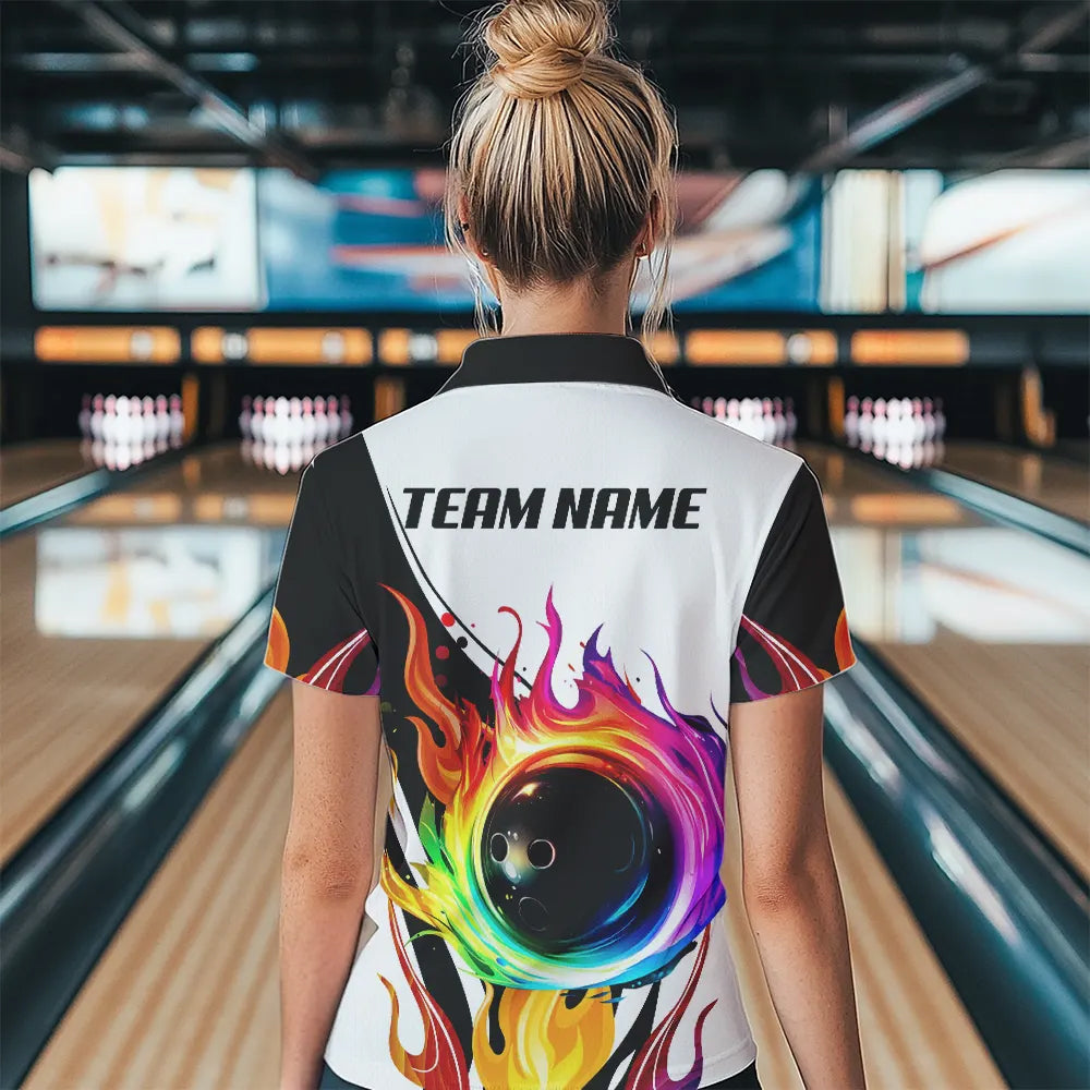 Colorful Flame Bowling Polo, Quarter Zip Shirts for Women Custom Fire Team Bowling jerseys NQS9675