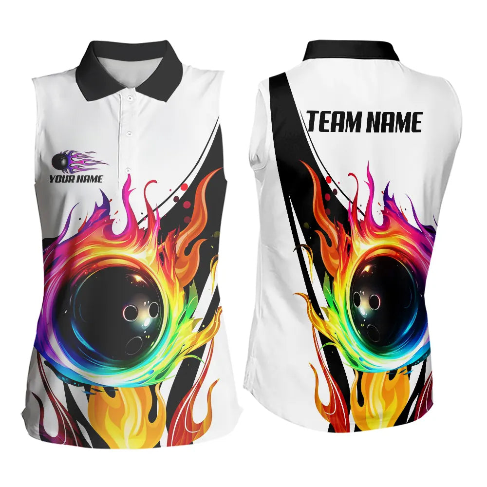 Colorful Flame Bowling Sleeveless Polo Shirt for Women Custom Fire Team Bowling jerseys NQS9675
