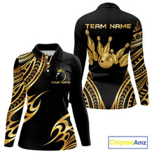 Load image into Gallery viewer, Black and Gold tribal pattern Bowling Polo, Quarter Zip Shirts For Women Custom Bowling Team Jerseys NQS11732