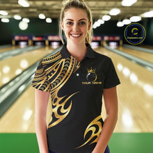 Load image into Gallery viewer, Black and Gold tribal pattern Bowling Polo, Quarter Zip Shirts For Women Custom Bowling Team Jerseys NQS11732