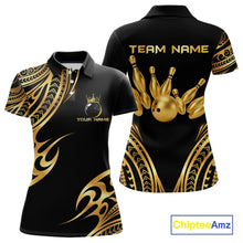 Load image into Gallery viewer, Black and Gold tribal pattern Bowling Polo, Quarter Zip Shirts For Women Custom Bowling Team Jerseys NQS11732