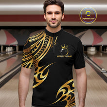 Load image into Gallery viewer, Black and Gold tribal pattern Bowling Polo, Quarter Zip Shirts For Men Custom Bowling Team Jerseys NQS11732