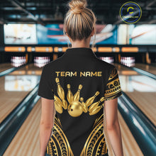Load image into Gallery viewer, Black and Gold tribal pattern Bowling Polo, Quarter Zip Shirts For Women Custom Bowling Team Jerseys NQS11732