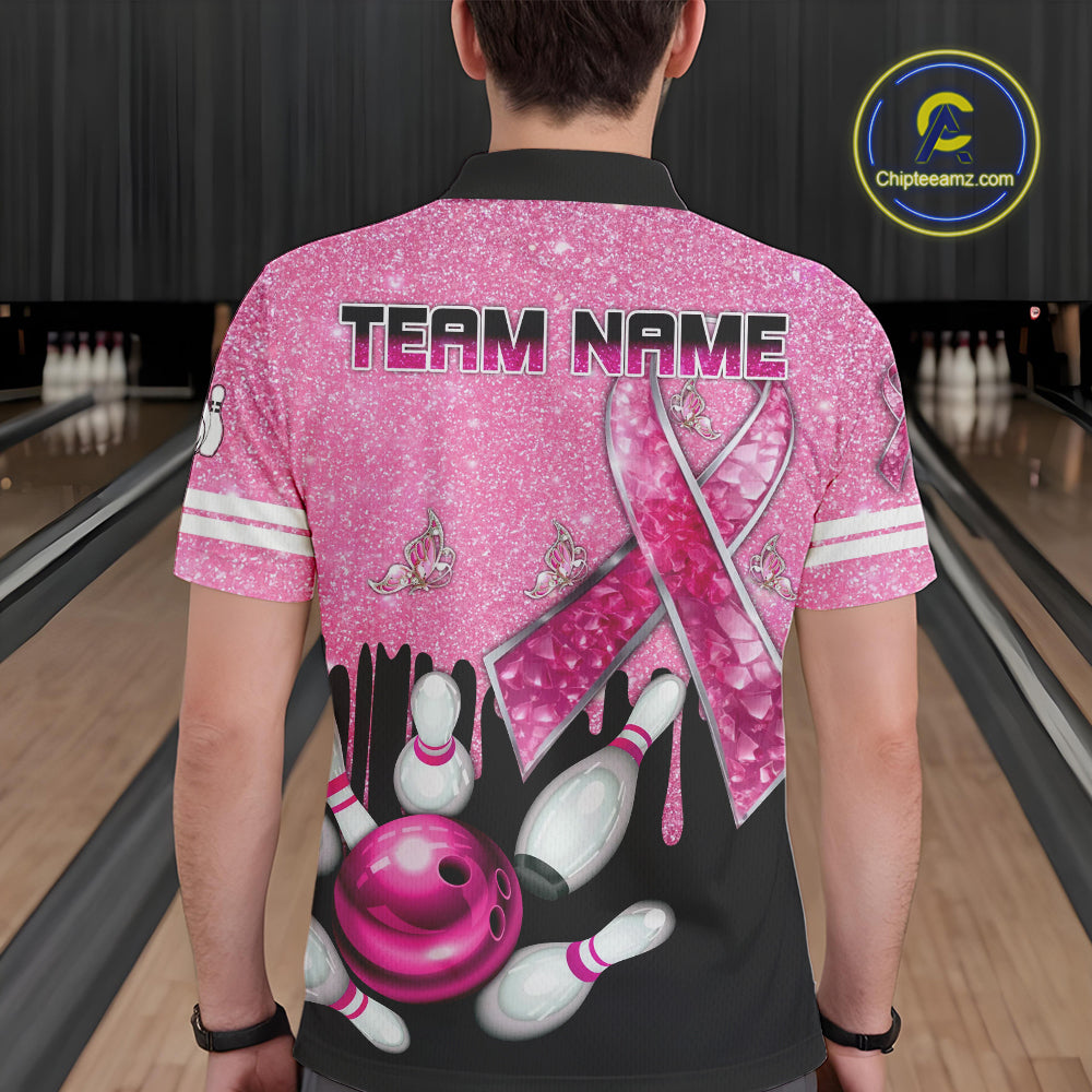 Black and Pink ribbon glitter Bowling Shirts For Men Custom breast cancer team bowling jerseys NQS9950