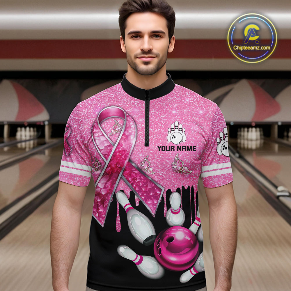 Black and Pink ribbon glitter Bowling Shirts For Men Custom breast cancer team bowling jerseys NQS9950
