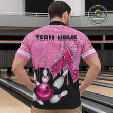 Load image into Gallery viewer, Black and Pink ribbon glitter Bowling Shirts For Men Custom breast cancer team bowling jerseys NQS9950