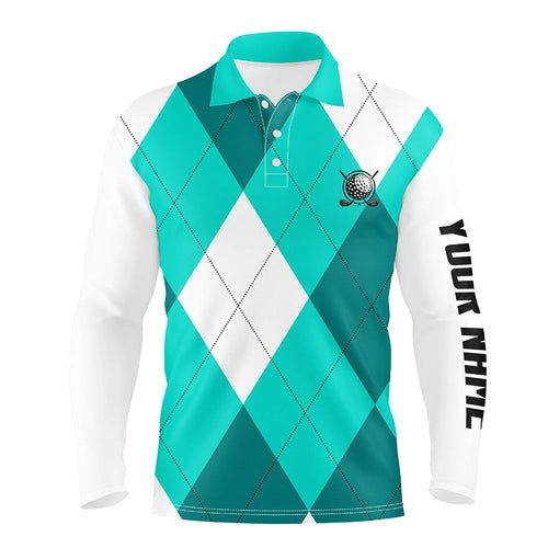 Mens golf polo shirts turquoise and white golf argyle plaid pattern, personalized golf gifts NQS7805