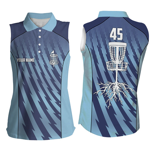 Women sleeveless disc golf polo shirt custom name, number blue camo disc golf basket ladies golf tops NQS5927