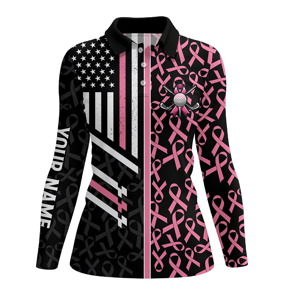 Pink ribbon Pattern American Flag Women golf polo shirts custom Breast Cancer awareness golf shirts NQS8232