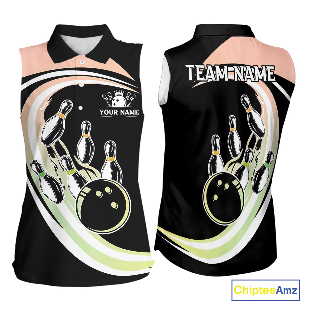 Pink Green Gradient Bowling Sleeveless Polo Shirt Custom Bowling Team League Jersey, Gift For Bowler NQS10433