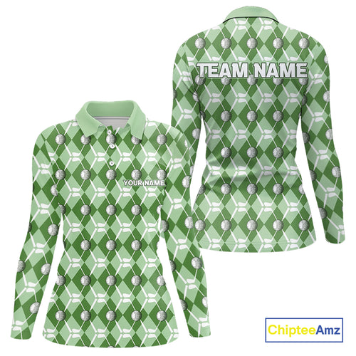 Women golf polo shirts custom green argyle plaid pattern golf attire for ladies, golfer gifts NQS10435
