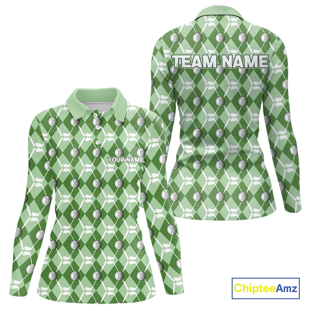 Women golf polo shirts custom green argyle plaid pattern golf attire for ladies, golfer gifts NQS10435