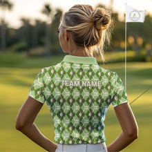 Load image into Gallery viewer, Women golf polo shirts custom green argyle plaid pattern golf attire for ladies, golfer gifts NQS10435