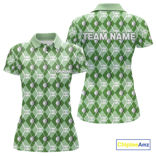 Women golf polo shirts custom green argyle plaid pattern golf attire for ladies, golfer gifts NQS10435