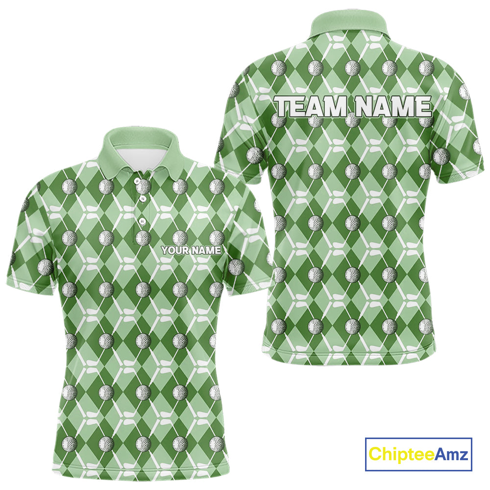 Mens golf polo shirts custom green argyle plaid pattern golf attire for men, golfer gifts NQS10435