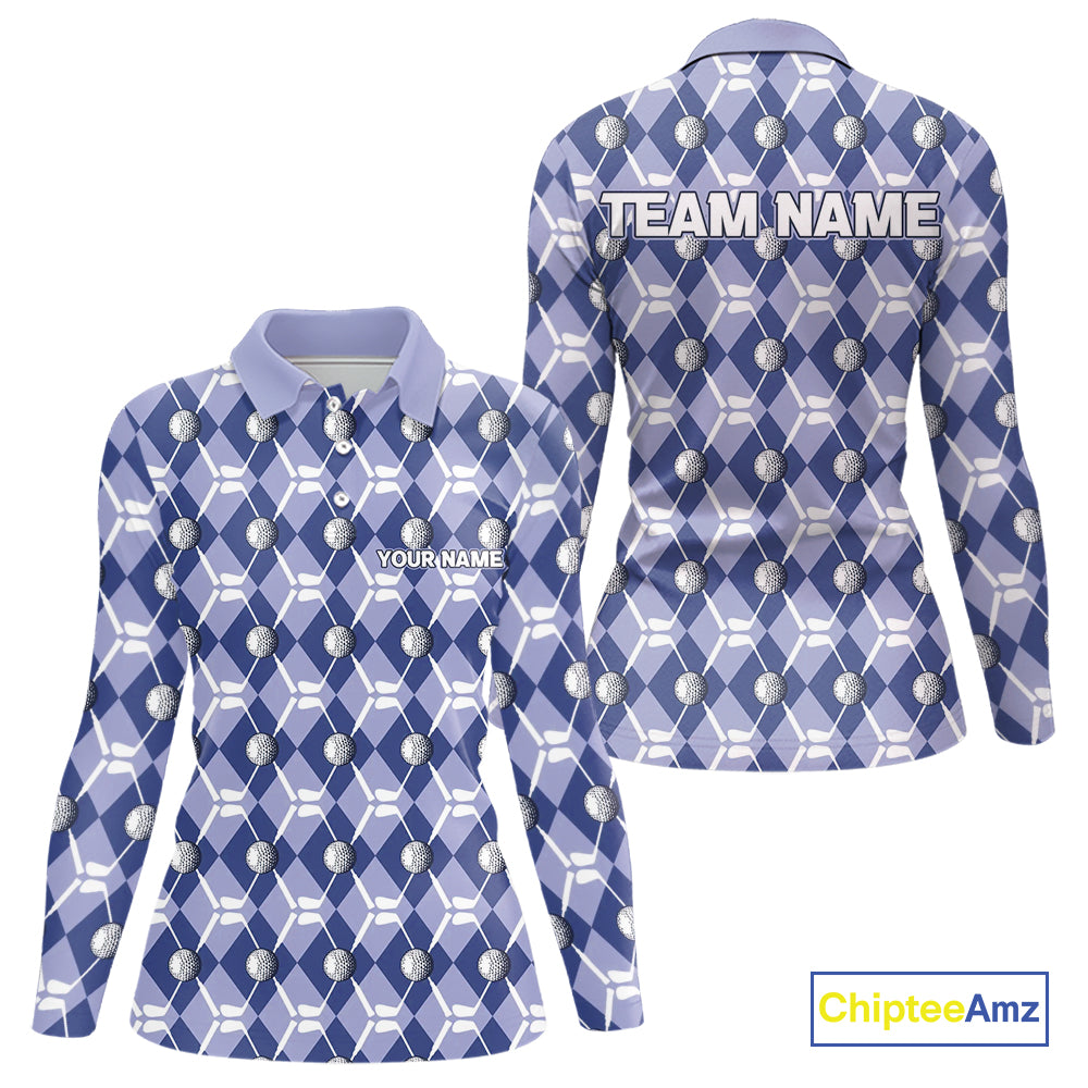 Women golf polo shirts custom blue argyle plaid pattern golf attire for ladies, golfer gifts NQS10434