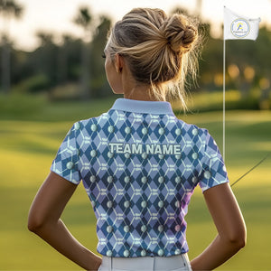 Women golf polo shirts custom blue argyle plaid pattern golf attire for ladies, golfer gifts NQS10434